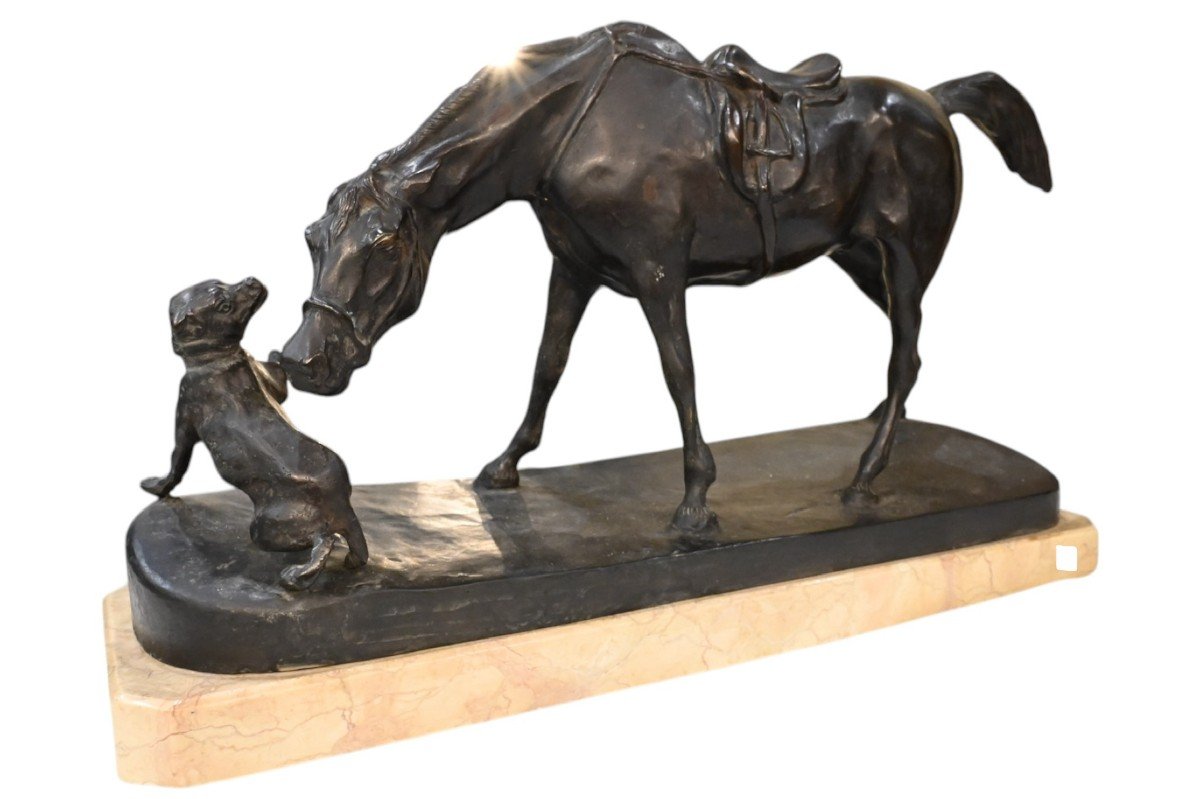 Sculpture En Bronze d'Un Cheval Et d'Un Chien - Italie Début Du 20e Siècle-photo-3
